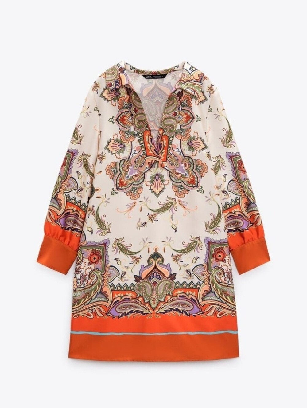 Zara Cream Paisley Tunic Dress with Orange Accents Size XL